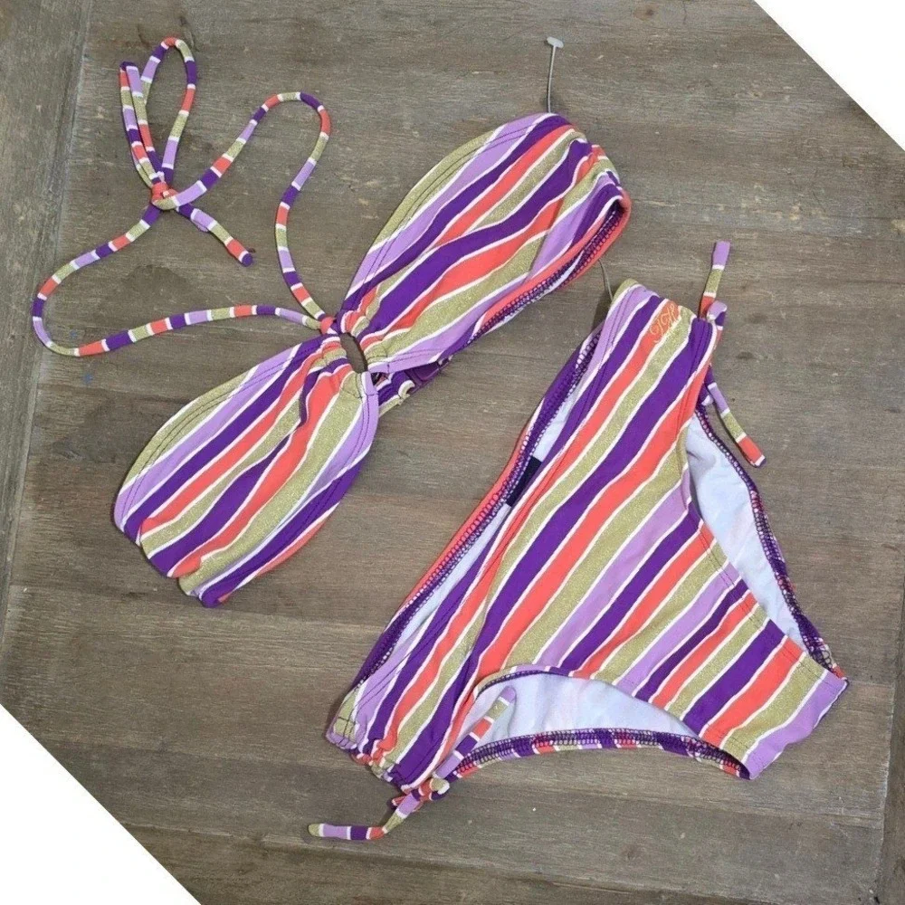 Tommy Hilfiger Girls Bikini Set M 8-10 Purple Orange Gold Stripe 2 Piece NEW tag